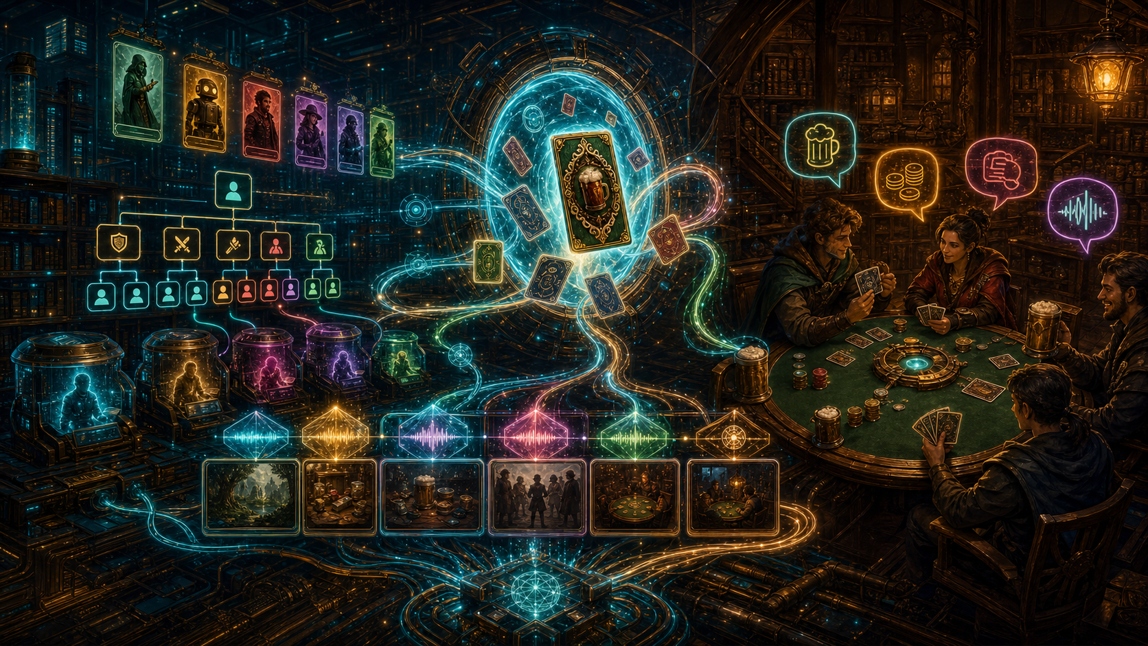 Feature artwork showing an agent warehouse connecting to a card game table